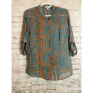 Beth Bowley Silk‎ Top Womens Small Teal & Rust Abstract Polka Dots Pleated Artsy